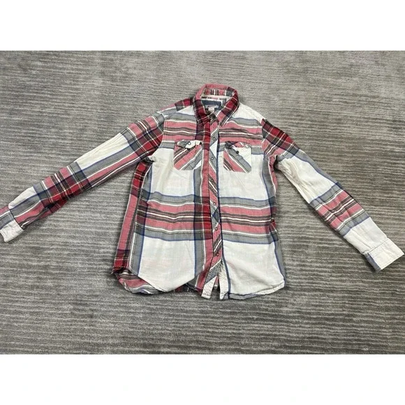 Arizona Top Womens Small Multicolor Plaid Metallic Snap Up Roll Tab Long Sleeve - Picture 1 of 12